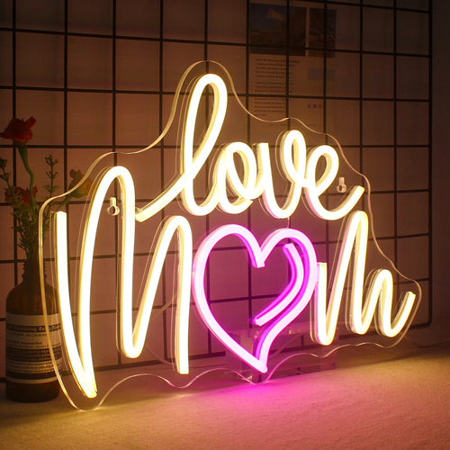 Love Mom – Hjärta som ersätter O – LED-neonskylt (5 V USB)