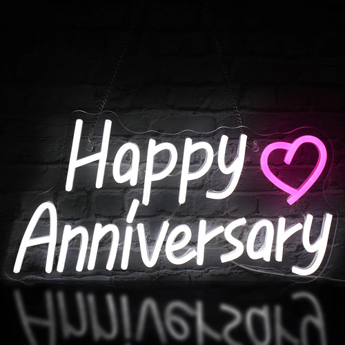 En strålande LED-neonskylt som visar orden "Happy Anniversary" i elegant, kursivt manus.
