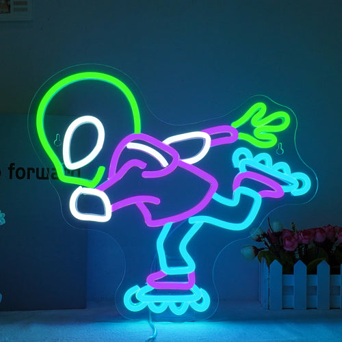 En livlig Alien LED-neonskylt med en klassisk utomjordisk huvudform med stora, ovala ögon.