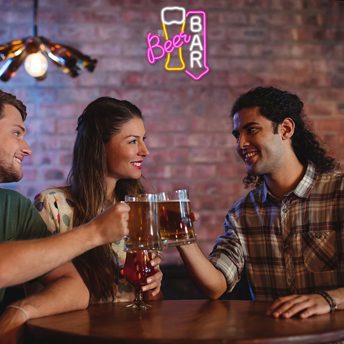 Beer BAR – Ölglas och nedåtpil – LED-ljusskylt (5 V USB)