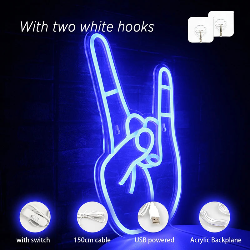 Rocktecken med handen – LED-neonskylt (5 V USB)