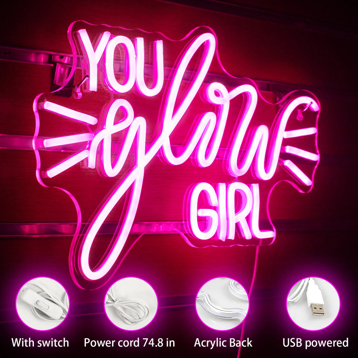 YOU glow GIRL – Ljusstrålar – LED-neonskylt (5 V USB)