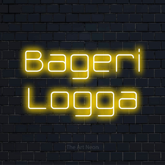 Personlig neonskylt med texten “Bageri Logga” på en svart tegelvägg