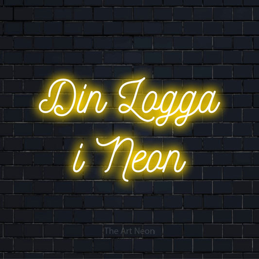 Personlig neonskylt med texten “Din Logga i Neon” på en svart tegelvägg