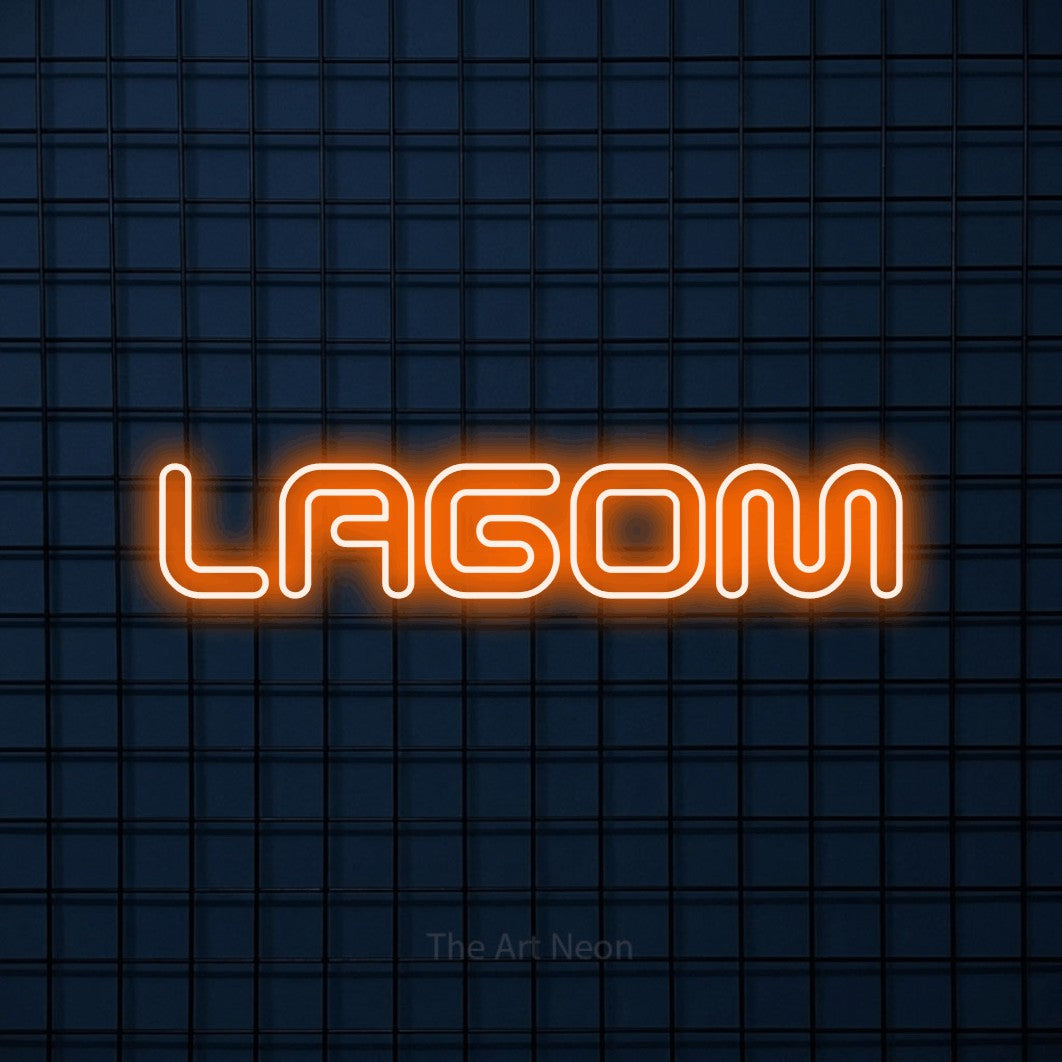 LED neon sign reading “LAGOM”, arranged in a single line.