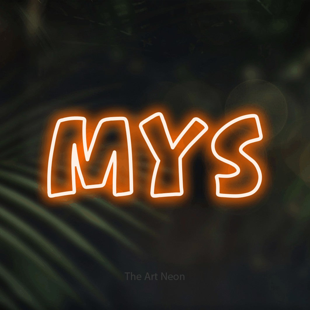 LED neon sign reading “mys”, arranged in a single line.