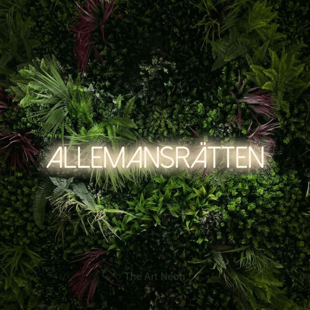 LED neon sign reading “Allemansrätten”, arranged in a single line.