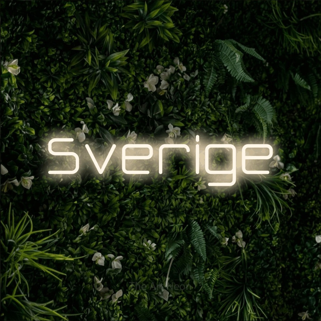 LED neon sign reading “Sverige”, arranged in a single line.