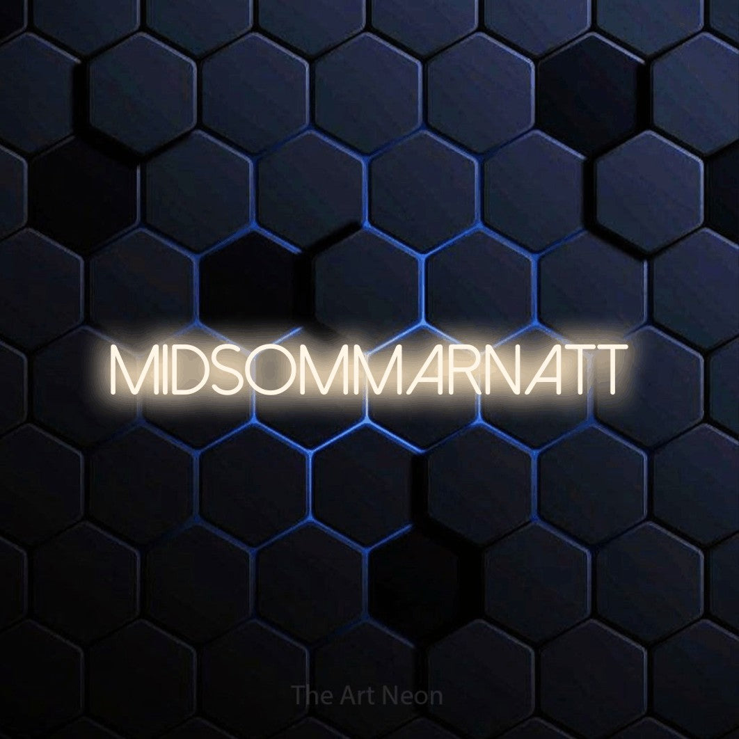 LED neon sign reading “MIDSOMMARNATT”, arranged in a single line.