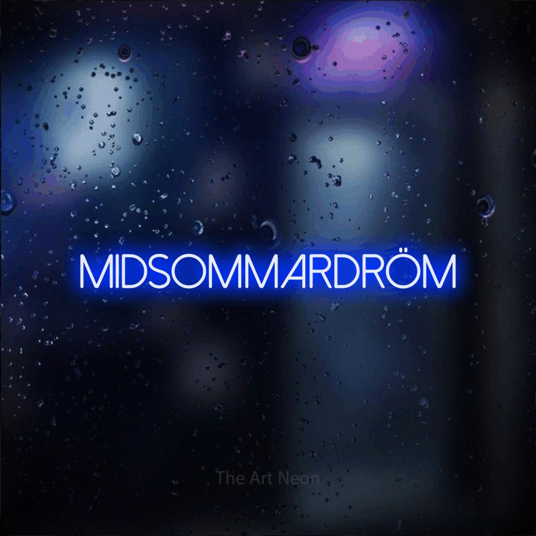 LED neon sign reading “Midsommardröm”, arranged in a single line.