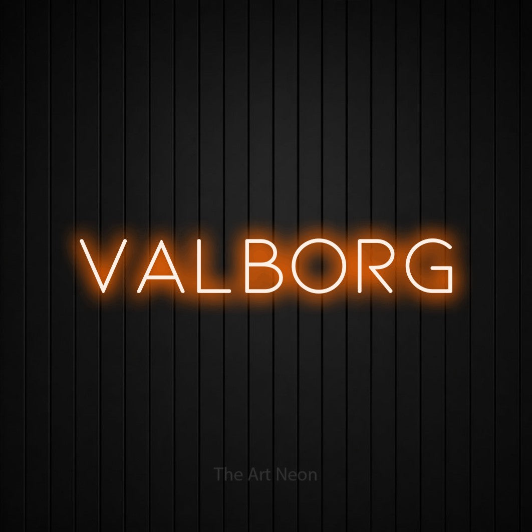 LED neon sign reading “valborg”, arranged in a single line.