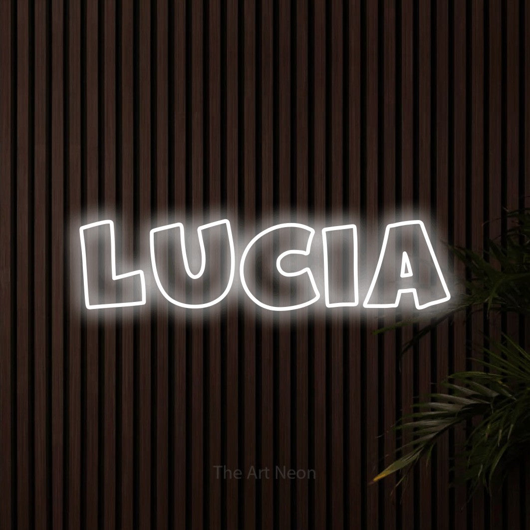 LED neon sign reading “Lucia”, arranged in a single line.
