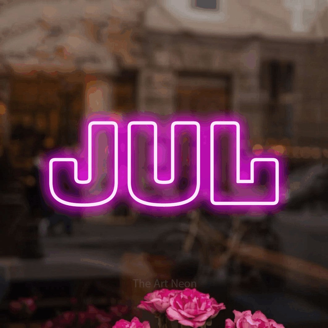 LED neon sign reading “Jul”, arranged in a single line.