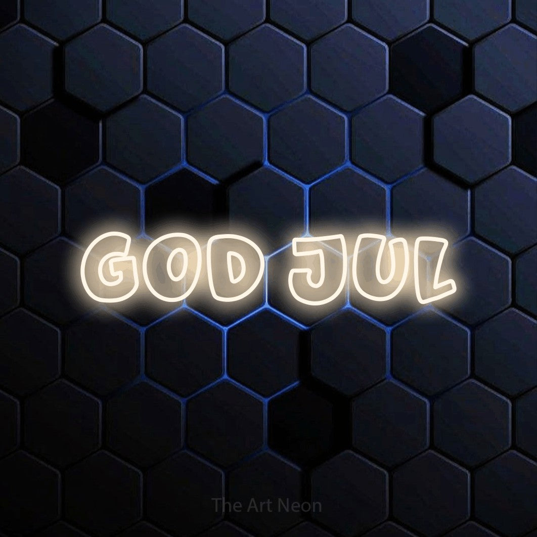 LED neon sign reading “god jul”, arranged in a single line.