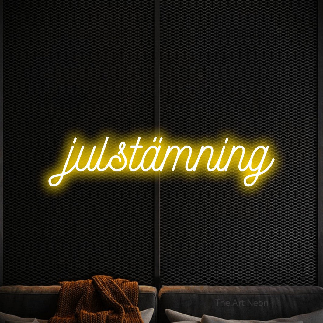 LED neon sign reading “julstämning”, arranged in a single line.