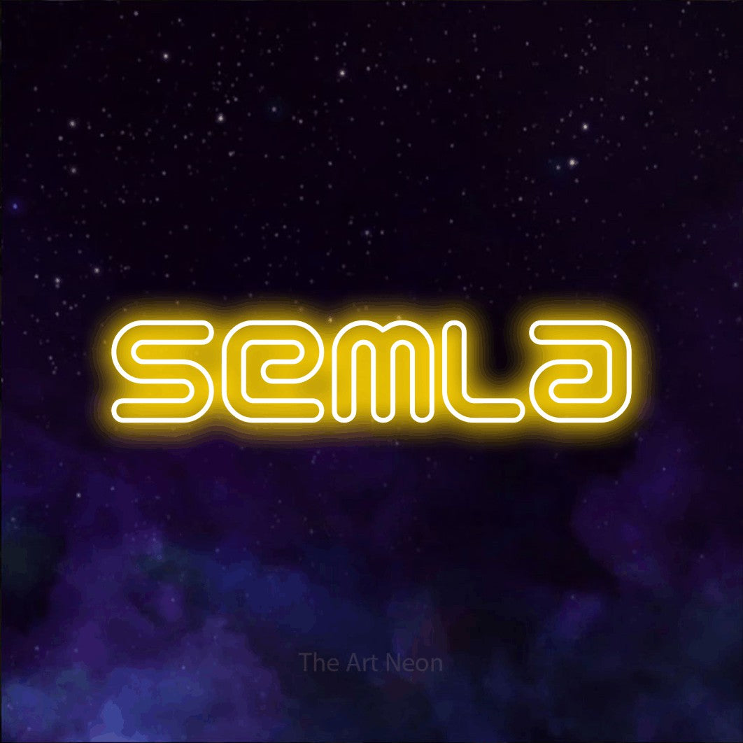 LED neon sign reading “semla”, arranged in a single line.