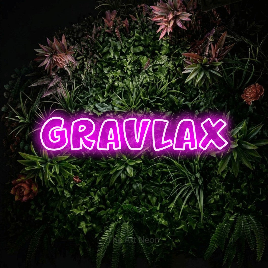 LED neon sign reading “GRAVLAX”, arranged in a single line.