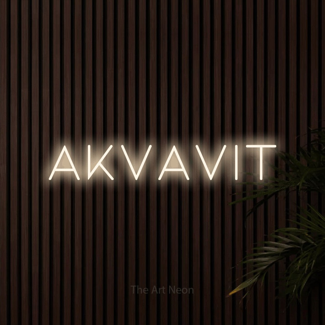 LED neon sign reading “Akvavit”, arranged in a single line.
