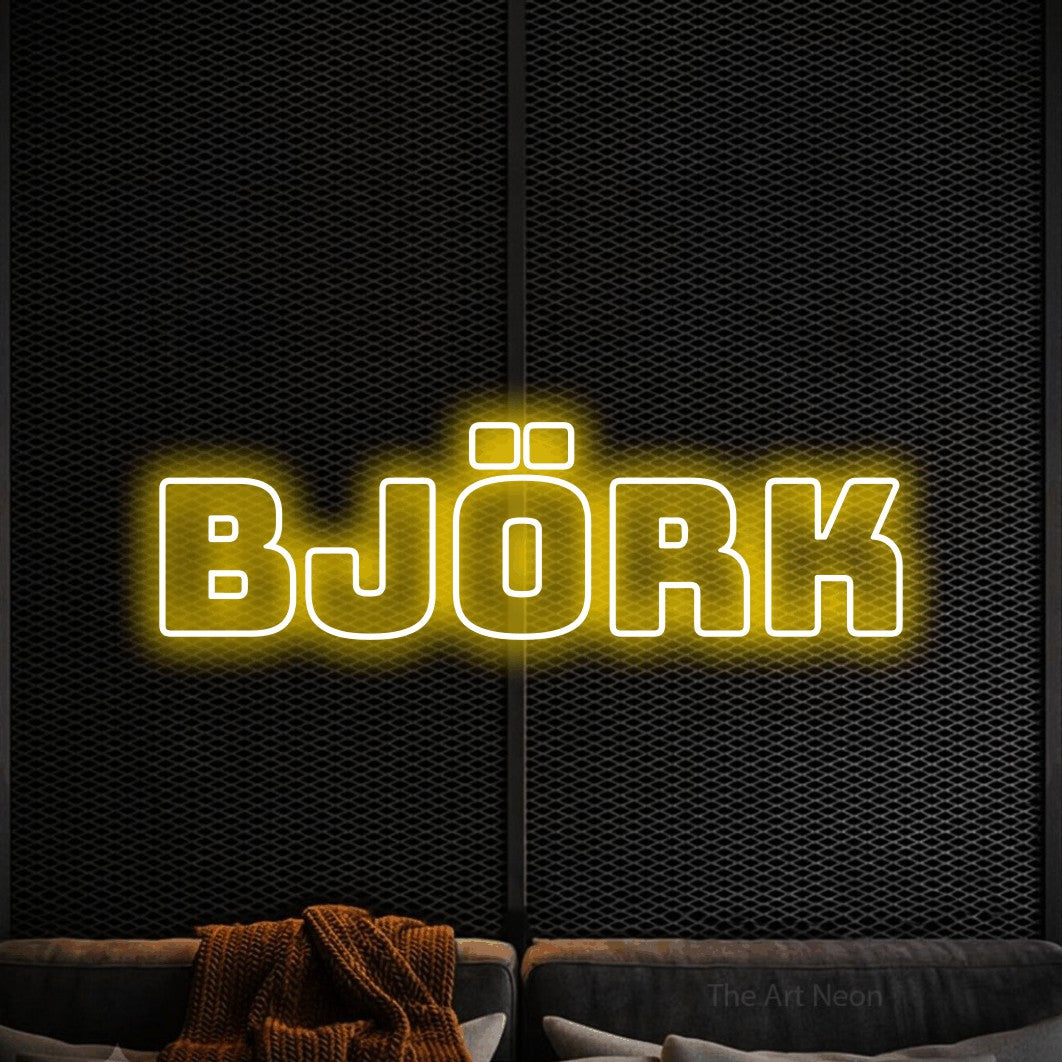 LED neon sign reading “Björk”, arranged in a single line.