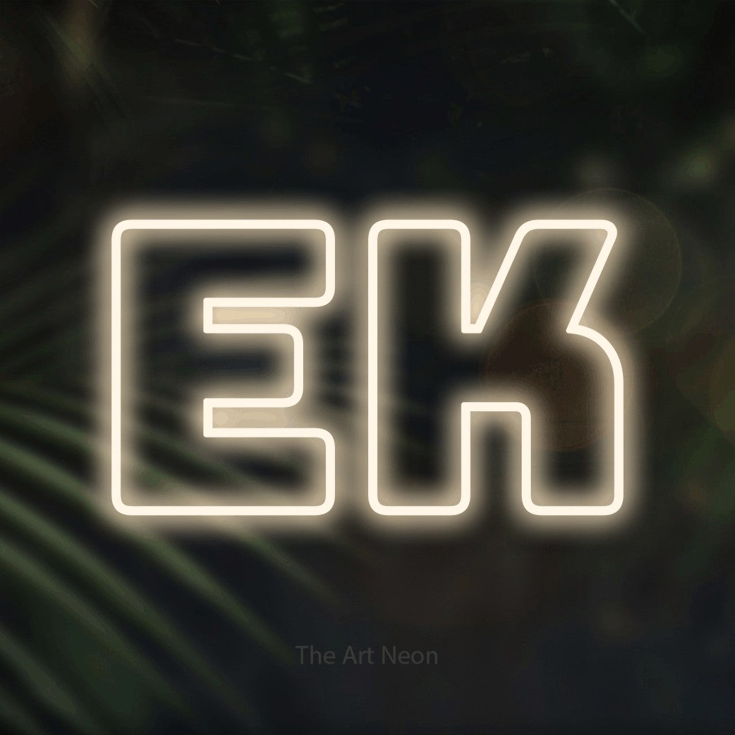 LED neon sign reading “EK”, arranged in a single line.