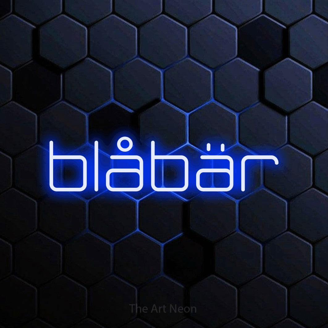 LED neon sign reading “blåbär”, arranged in a single line.