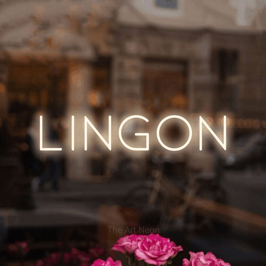 LED neon sign reading “LINGON”, arranged in a single line.