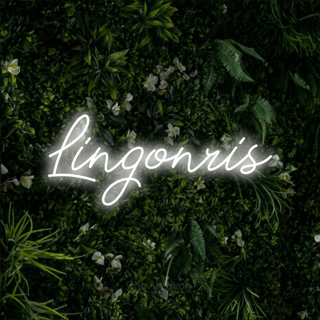 LED neon sign reading “Lingonris”, arranged in a single line.
