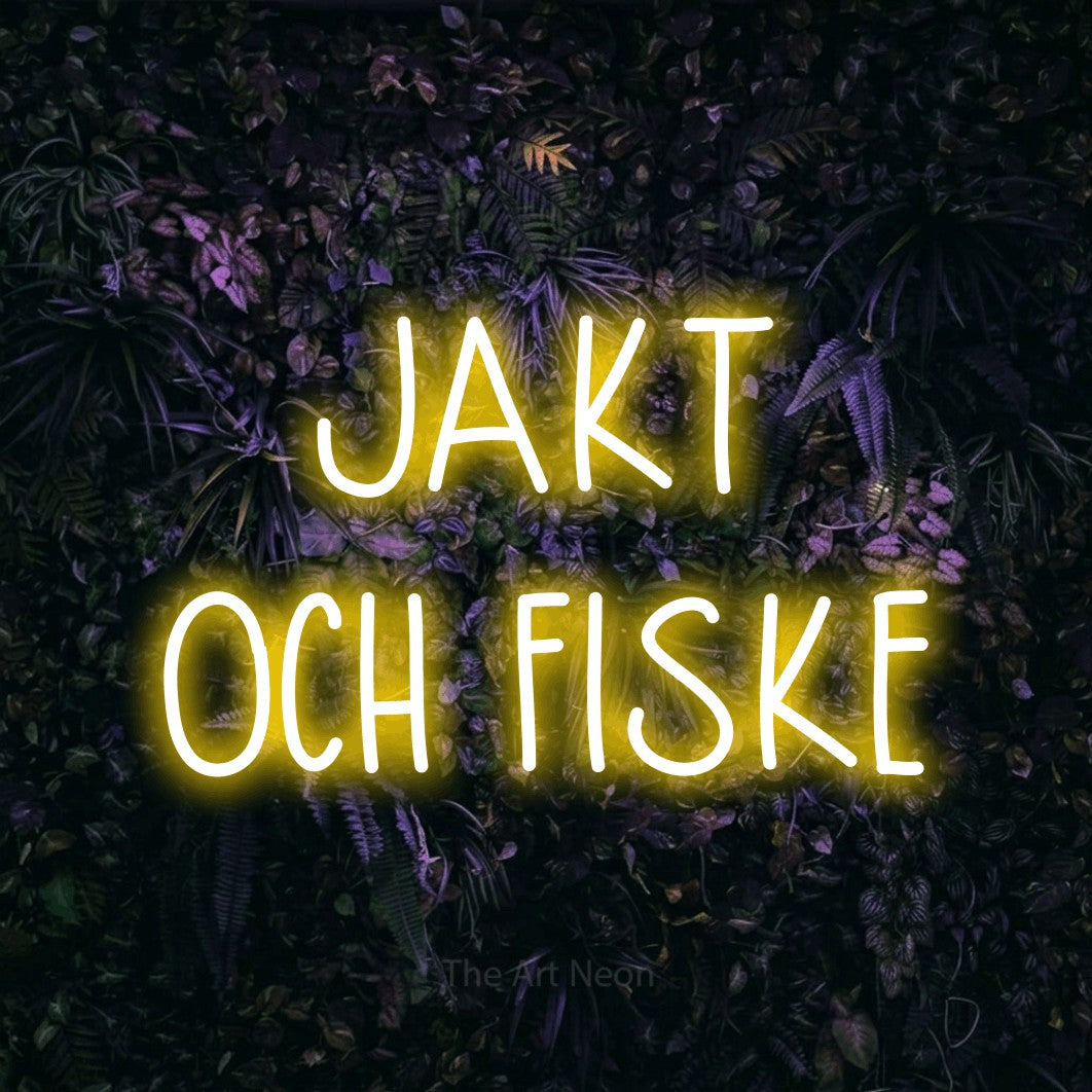 LED neon sign reading “JAKT OCH FISKE”, arranged in 2 lines.