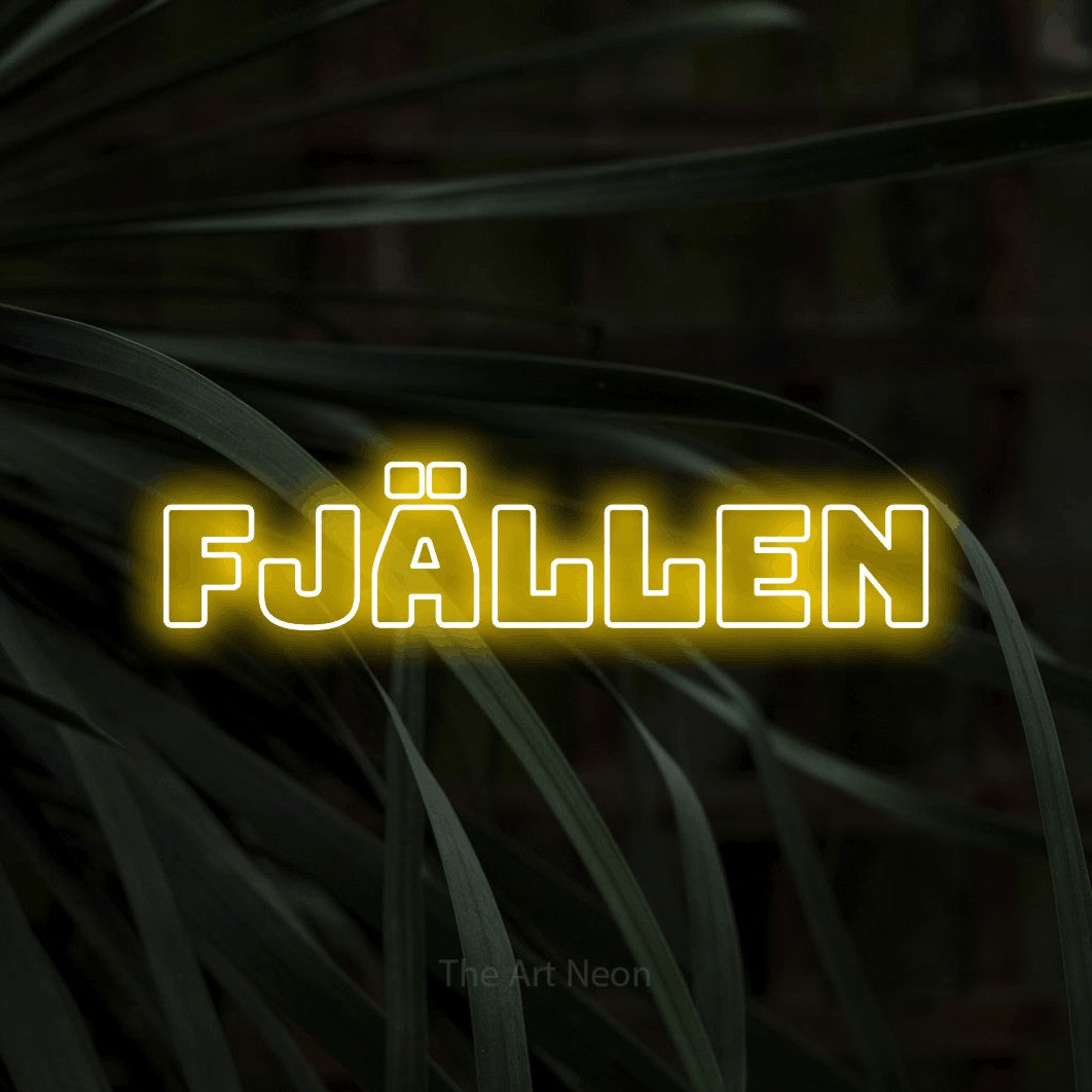 LED neon sign reading “FJÄLLEN”, arranged in a single line.