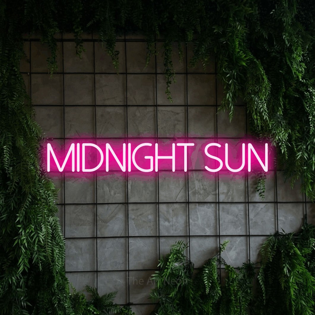 LED neon sign reading “midnight sun”, arranged in a single line.