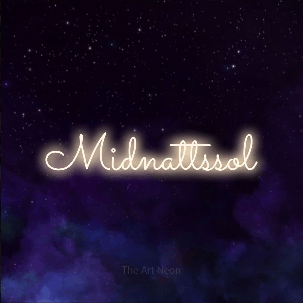 LED neon sign reading “Midnattssol”, arranged in a single line.