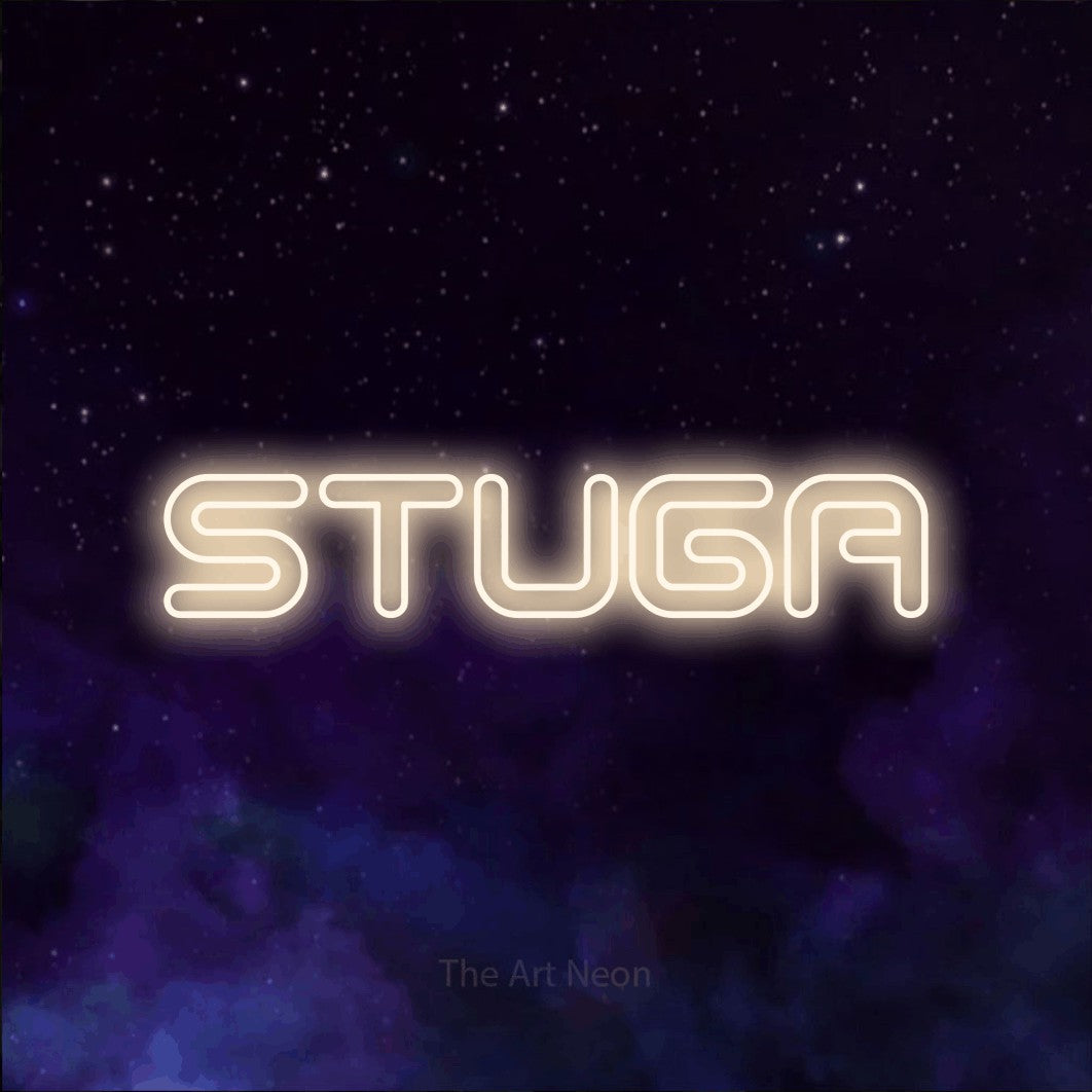 LED neon sign reading “STUGA”, arranged in a single line.