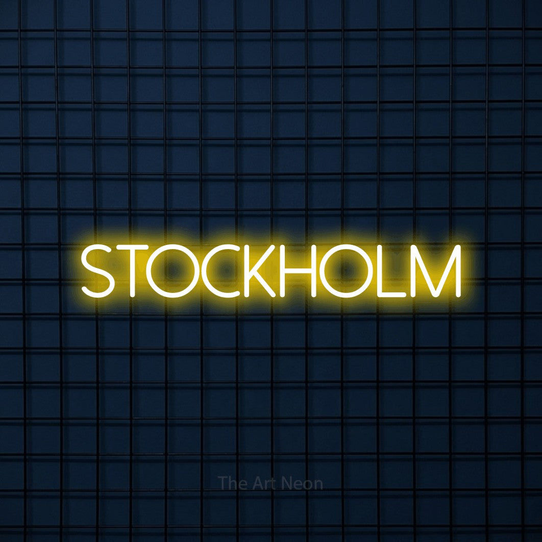 LED neon sign reading “STOCKHOLM”, arranged in a single line.