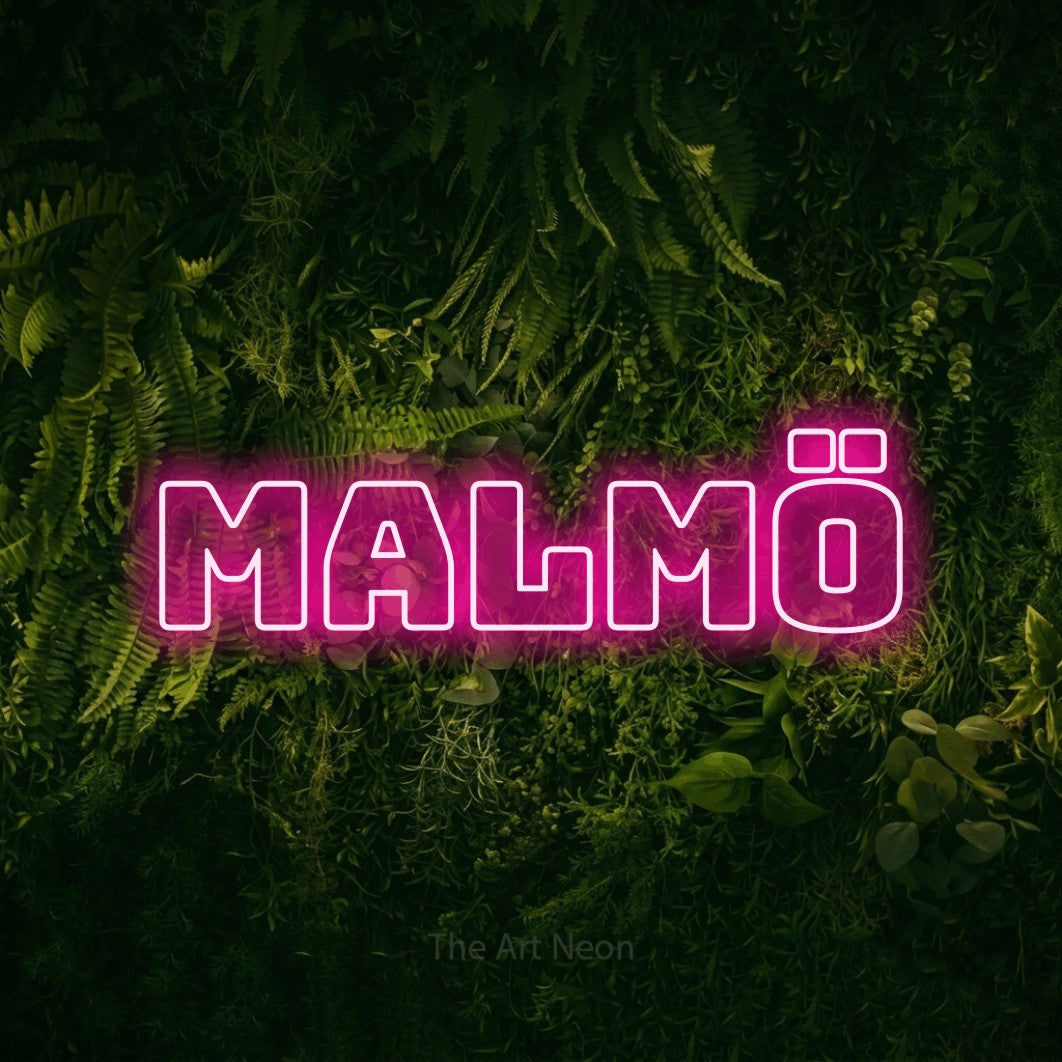 LED neon sign reading “MALMÖ”, arranged in a single line.