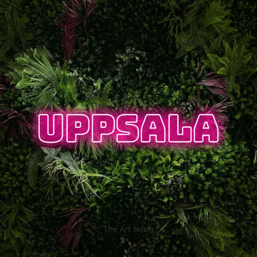 LED neon sign reading “UPPSALA”, arranged in a single line.