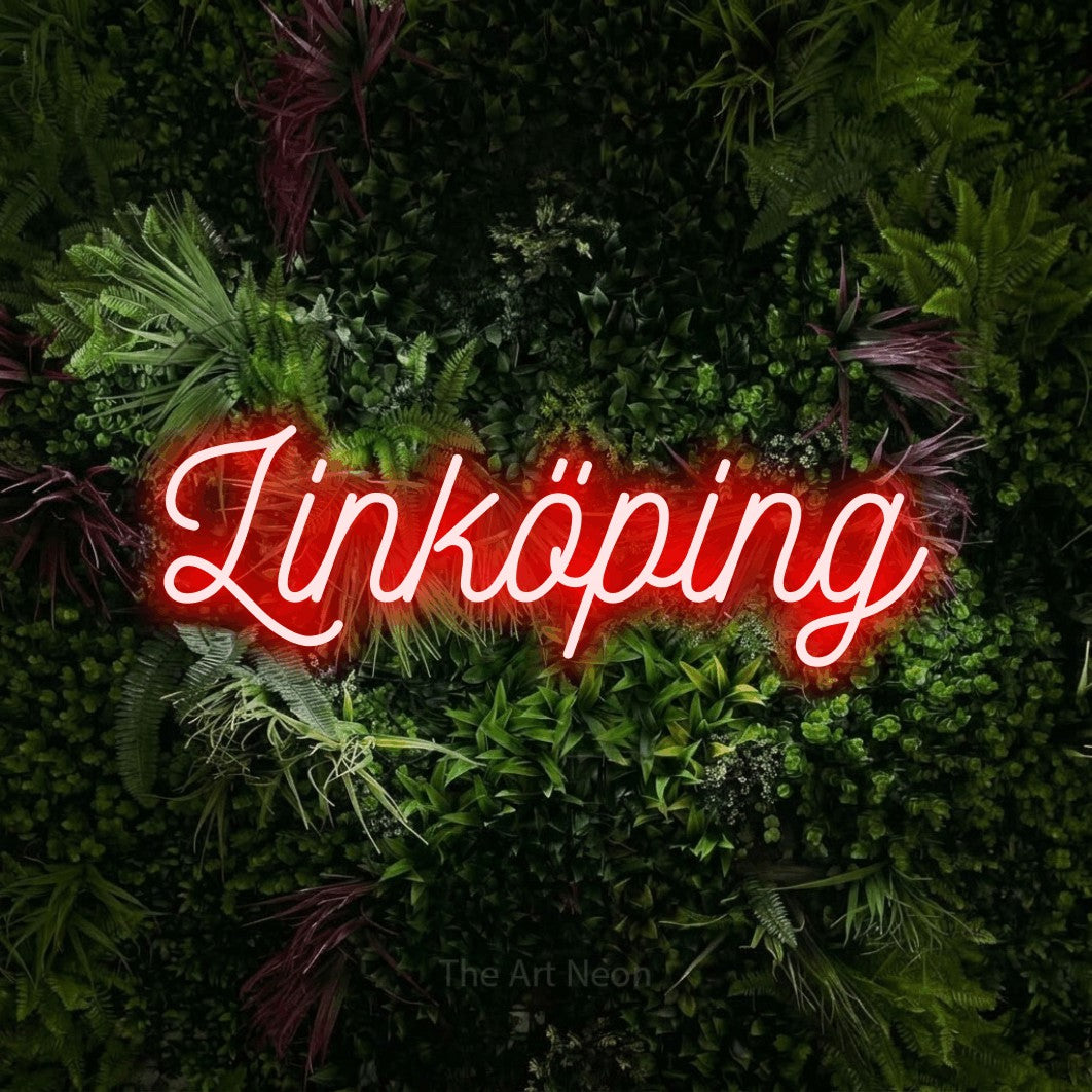 LED neon sign reading “Linköping”, arranged in a single line.