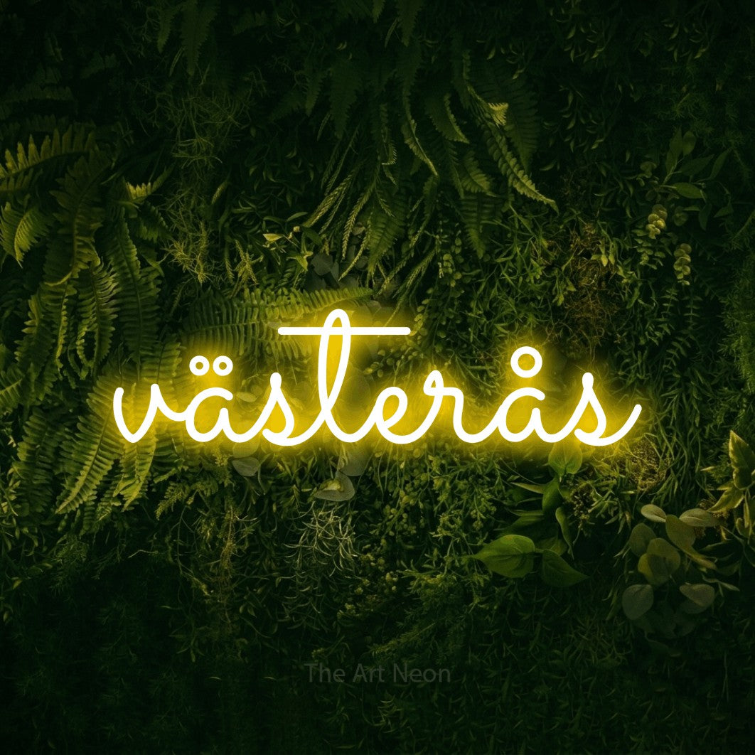 LED neon sign reading “västerås”, arranged in a single line.