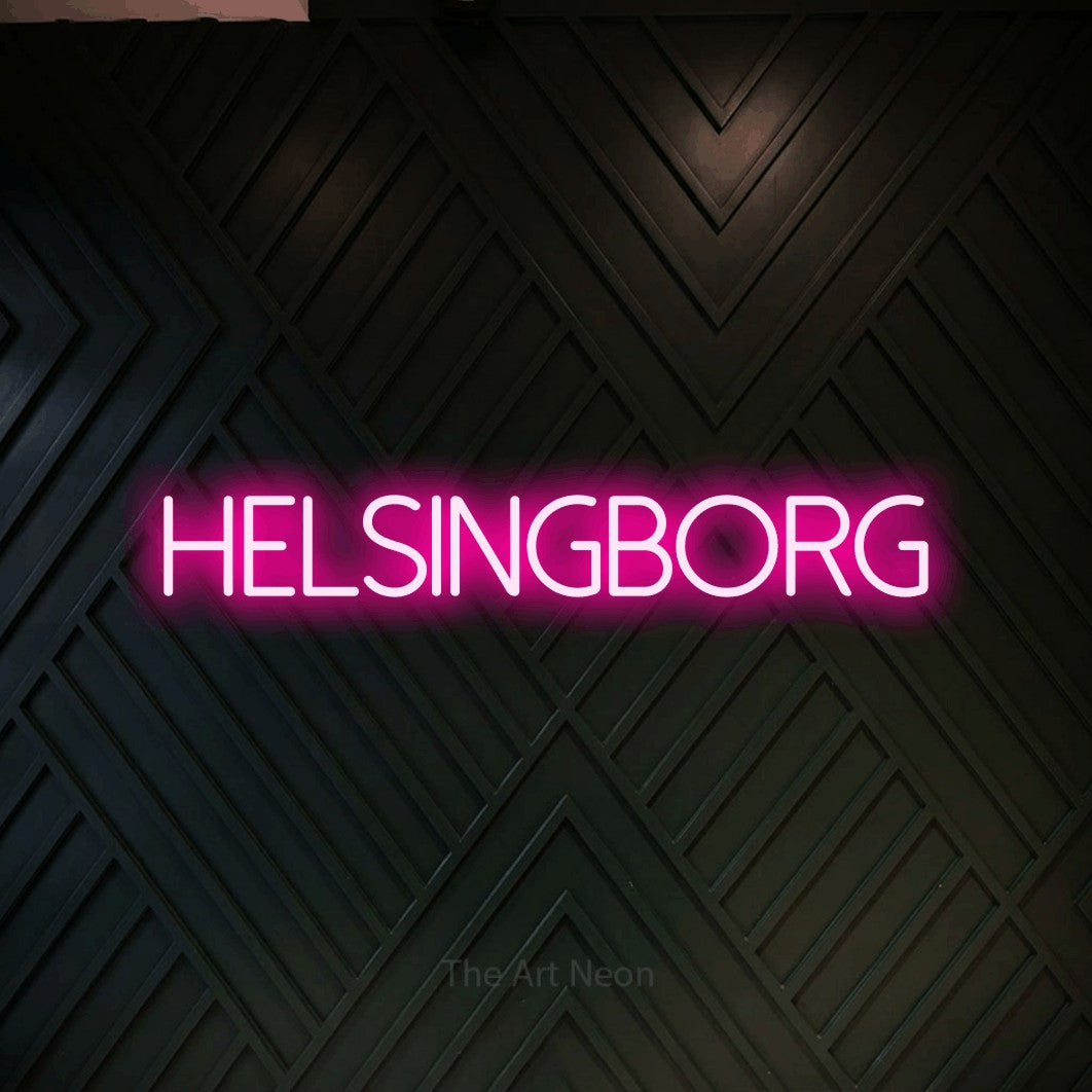 LED neon sign reading “helsingborg”, arranged in a single line.