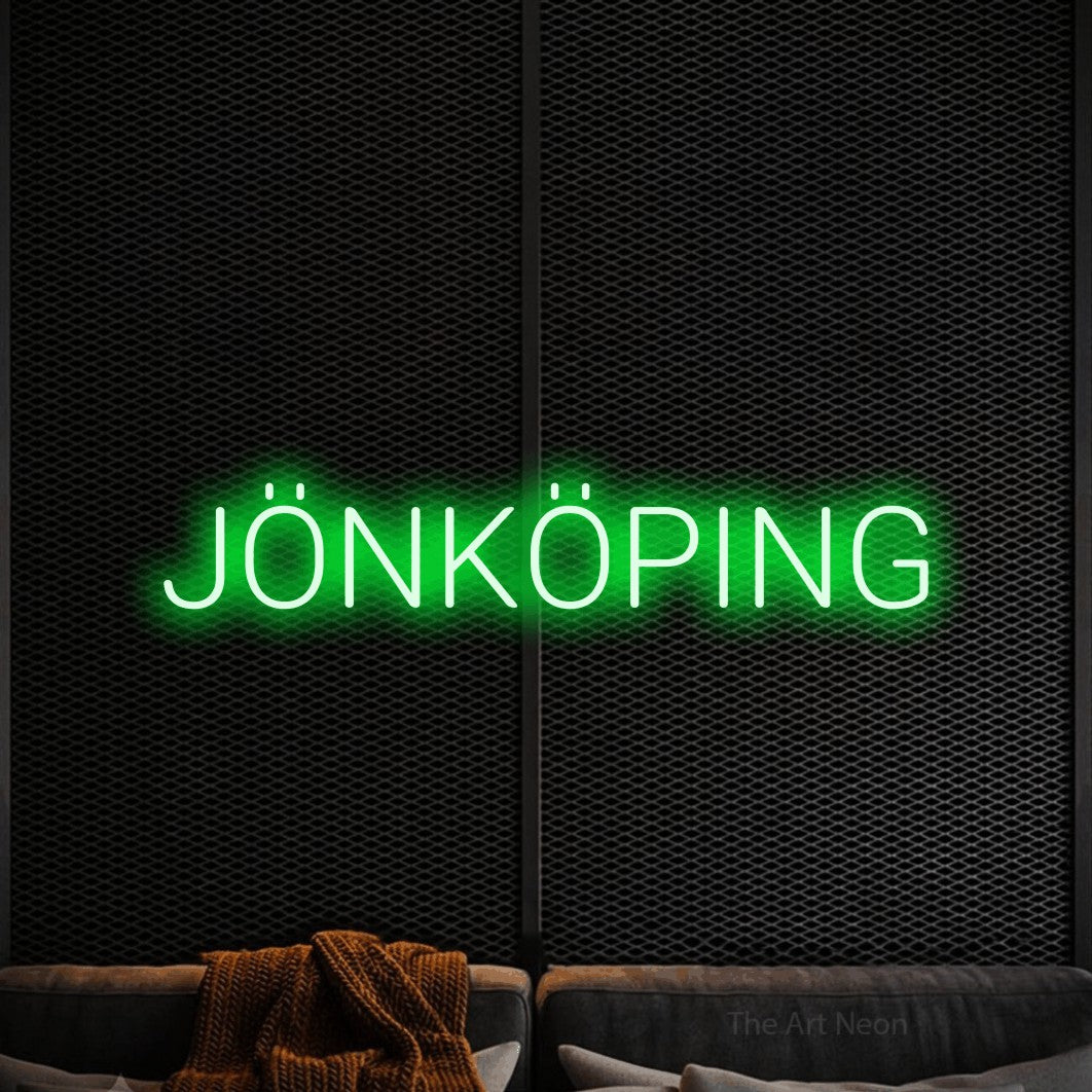 LED neon sign reading “JÖNKÖPING”, arranged in a single line.