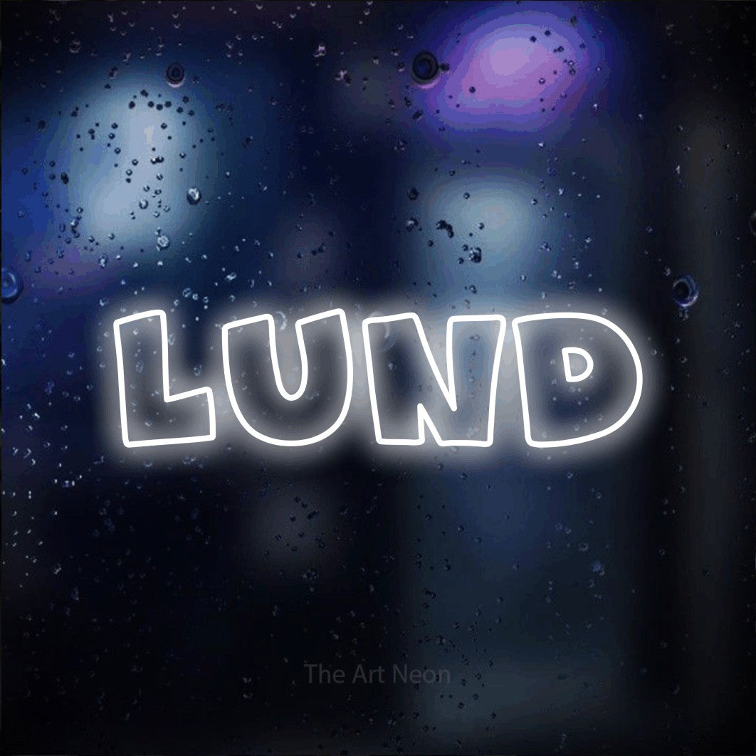 LED neon sign reading “Lund”, arranged in a single line.