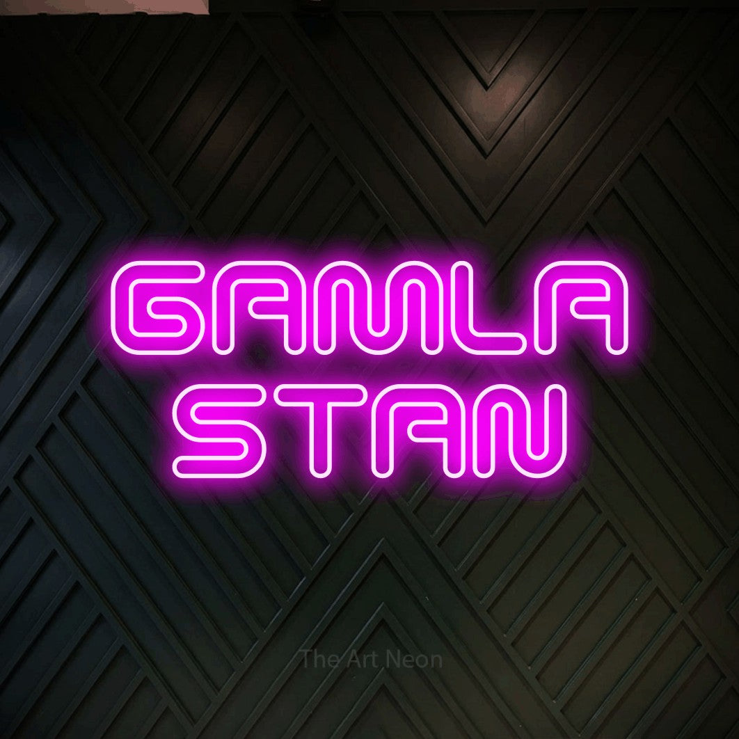 LED neon sign reading “GAMLA STAN”, arranged in 2 lines.