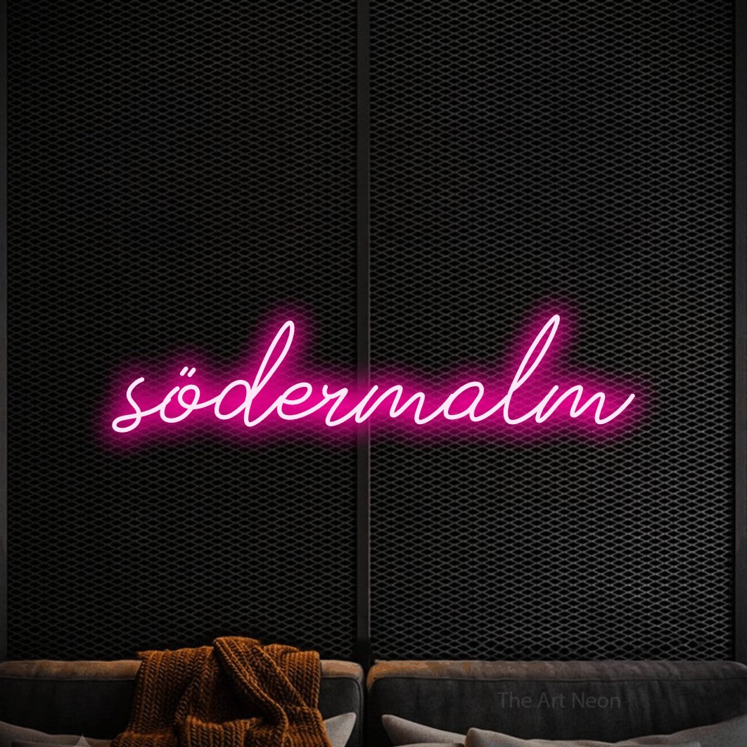 LED neon sign reading “södermalm”, arranged in a single line.