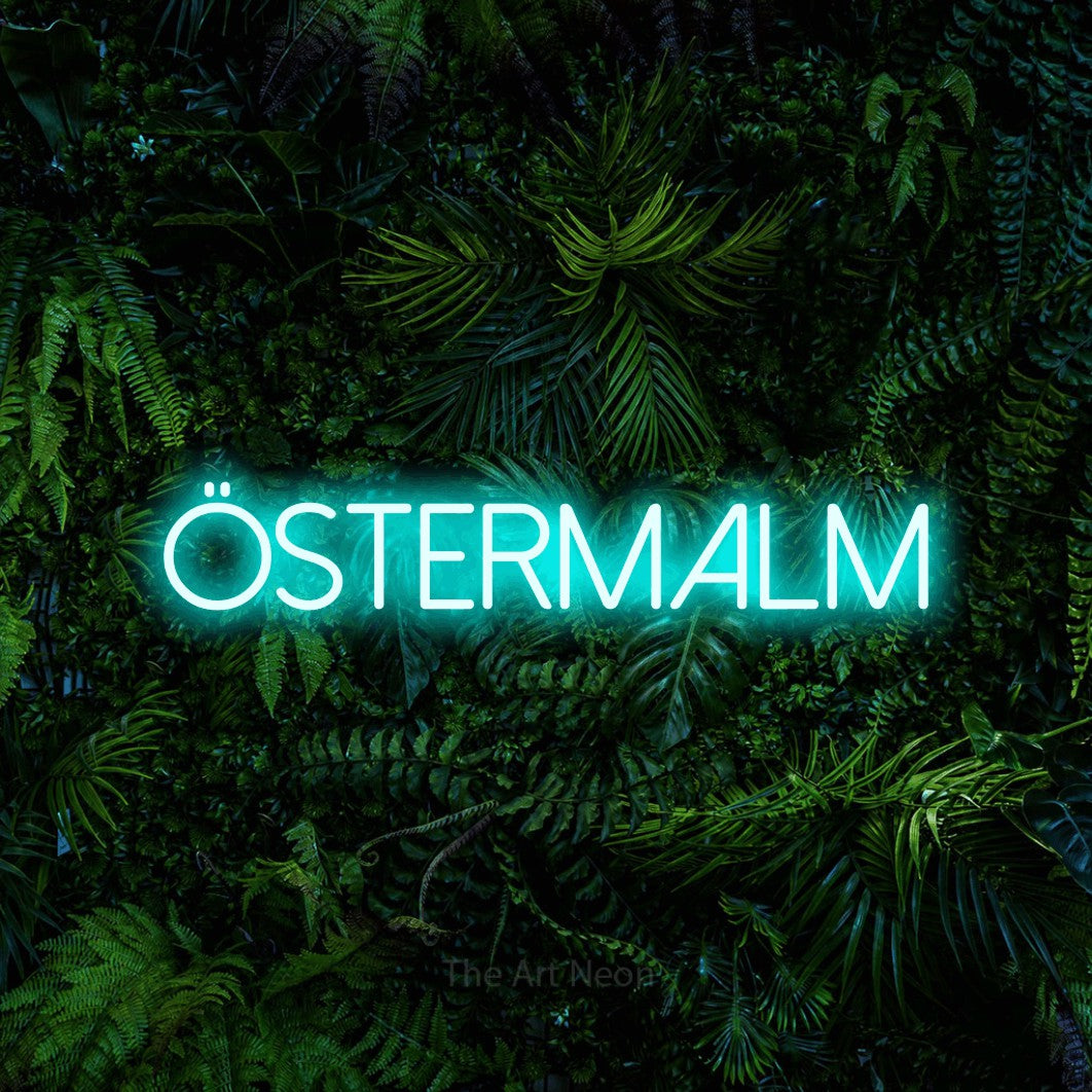 LED neon sign reading “Östermalm”, arranged in a single line.