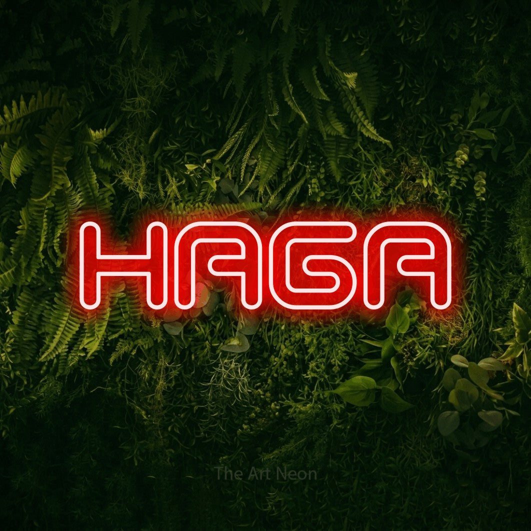 LED neon sign reading “HAGA”, arranged in a single line.