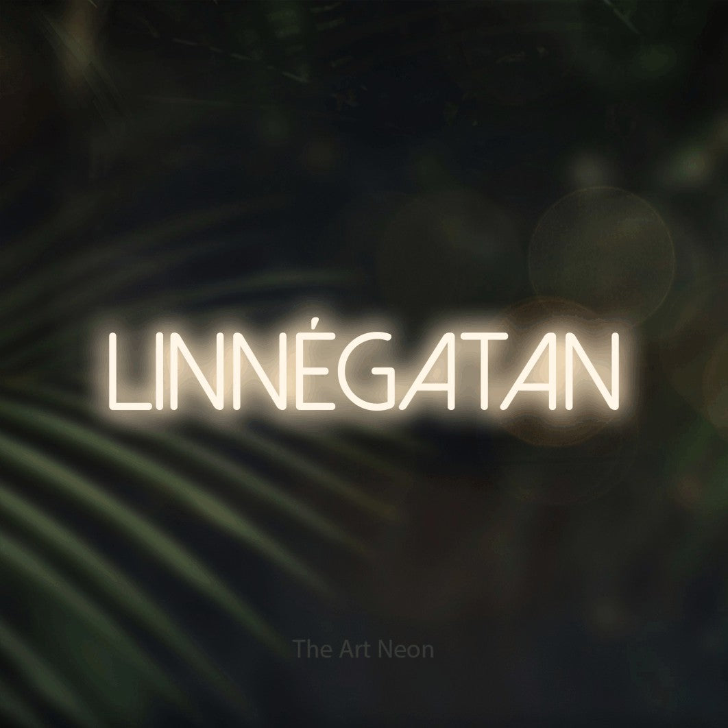 LED neon sign reading “Linnégatan”, arranged in a single line.
