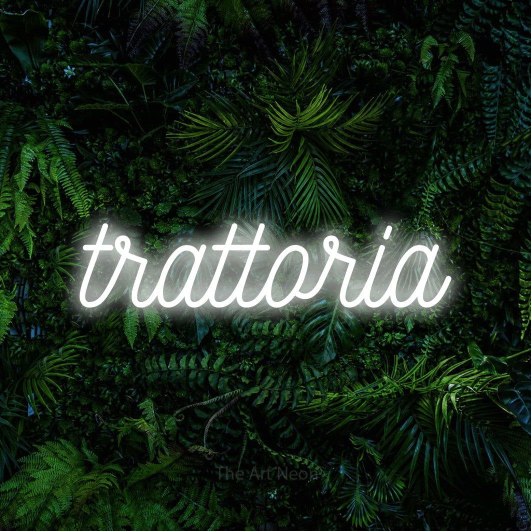 LED neon sign reading “trattoria”, arranged in a single line.