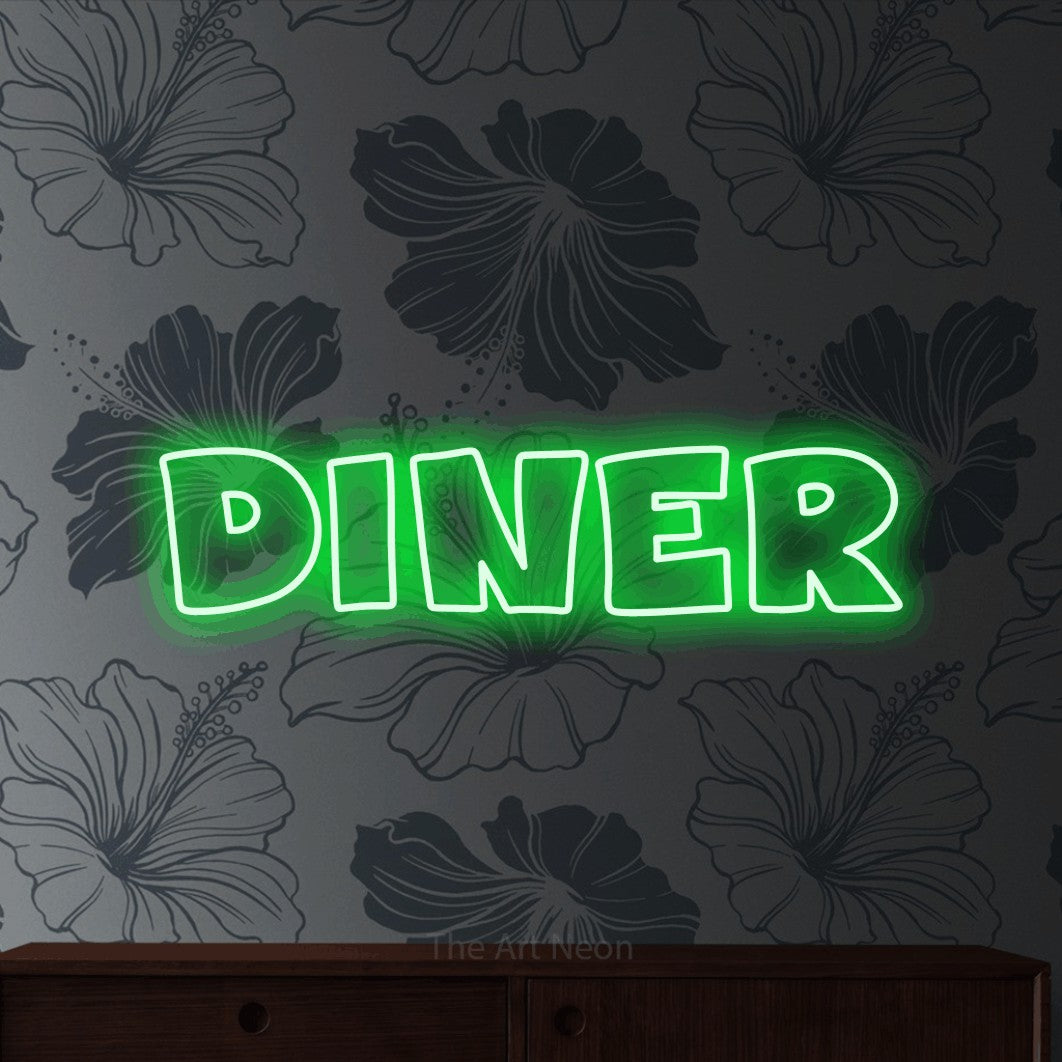 LED neon sign reading “diner”, arranged in a single line.