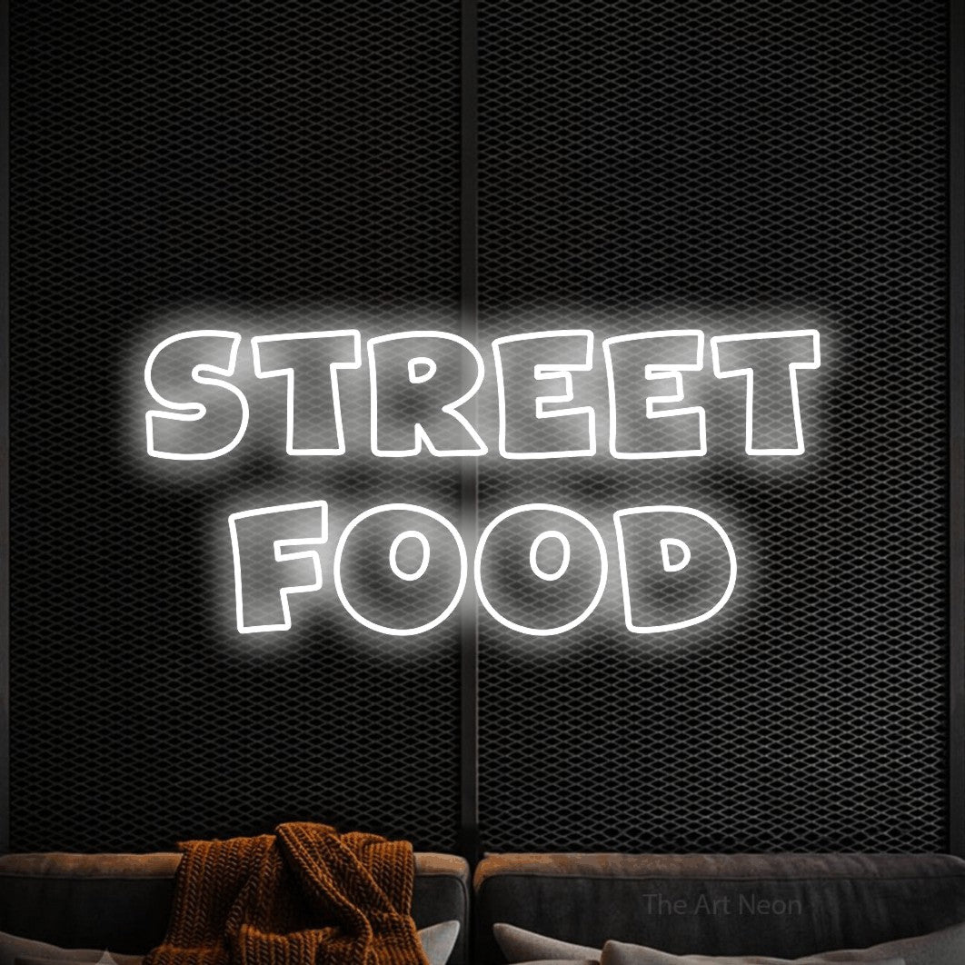 LED neon sign reading “STREET FOOD”, arranged in 2 lines.