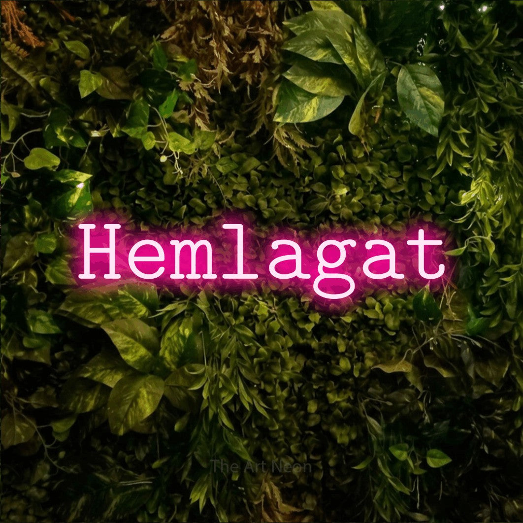 LED neon sign reading “Hemlagat”, arranged in a single line.