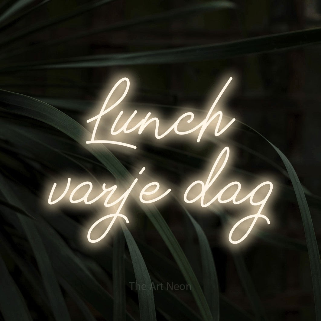 LED neon sign reading “Lunch varje dag”, arranged in 2 lines.
